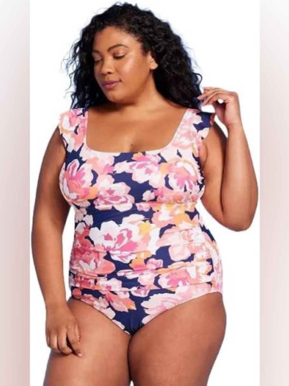 Kona Sol size 24 one piece swimsuit floral pink and navy blue with ruffles